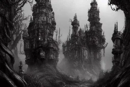 Insanely detailed steampunk castle town built around beautiful intricately detailed gnarly trees, hills, pylons, huge metal gates. in style of yoji shinkawa and hyung - tae kim, trending on artstation, dark fantasy, great composition, concept art, highly detailed, dynamic pose, vibrant detailed bio mechanical castle bridges over the ocean, fog, swampland, ocean, sparkling stormy fog, fantasy digital painting, stunning intricate details, artwork by ross tran, artgerm