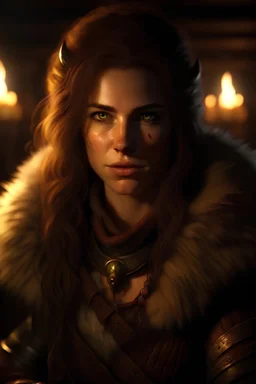 portrait of a beautiful female barbarian, middle aged, long messy brown hair, warm eyes, dressed in a revealing fur armor, standing in a tavern, realistic, dim torch lighting, war paint, wrinkles, sexy, cinematic lighting, highly detailed face, very high resolution