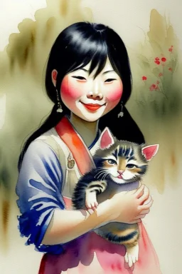 A cute smiling asian girl is holding a kitten. Watercolour