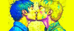 portrait anime man kissing man, ,yellow, stars hearts water, blue, watercolor, Yoshikata Amano, Edwin Landseer, Ismail Inceoglu, Russ Mills, Victo Ngai, Bella Kotak, hyperdetailed 8K resolution HDR DSLR, ultra detailed, ultra quality, CGSociety, intricately detailed, color depth, gliter, kiss