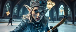 close up portrait of shiny ice queen with magical aura hockey staff, pin hole cam, master oil painting by Rembrandt, d&d glam rock and glitter vampire gremlin illithid and lich playing hockey in ice skating hall or church, in the style of giger and escher, sci fi with floating little saucers