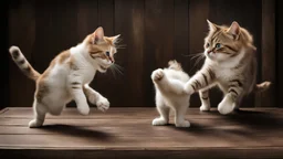 Two Funny cats on the dark wood table fighting