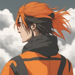 A man with black and half-long hair and a technical orange jacket 3/4 back facing a cloud cover