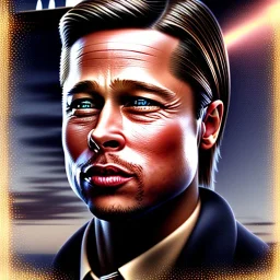 spray paint photo, photorealism, realistic portrait of a young brad pitt, movie poster, titanic in the background