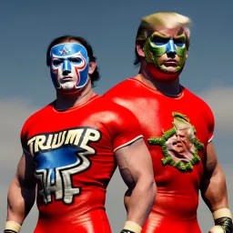 Realistic image of Donald trump wrestler, Mexican wrestling style, Mexican eyes wrestling mask, red and blue breeches, suspenders, retro style, 80s, vibrant color, highly detailed, sky background, concept art, unreal engine 5, god rays, ray tracing, RTX, lumen lighting, ultra detail, volumetric lighting, 3d, finely drawn, high definition, high resolution.