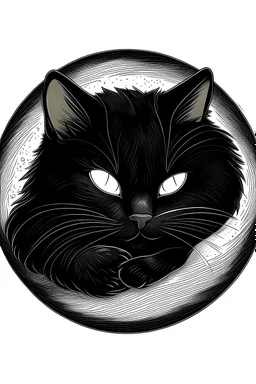 black cat curled up sleeping. drawing, childish, unrealistic, cute, inside a circle shape