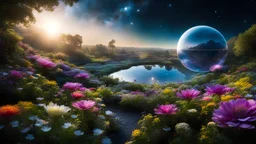 A sprawling garden floating in space, where flowers are made of stardust and their petals glow with the colors of distant galaxies. Giant, transparent orbs hover above, each containing miniature ecosystems thriving in zero gravity. Award-winning photograph, 80mm focal length, rule of thirds.. Award-winning photograph, 80mm focal length, chiaroscuro