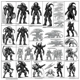 ConceptSheet blueprint [by by Kevin Eastman and Peter Laird]: a grid of sci-fi aligned group of xenomorph armours