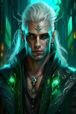 male, cyberpunk, glowing implants, glowing turquoise runes, nordic runes, glowing eyes, green eyes, elven ears, cruel smile, black leather jacket, runic crown, white hair, long hair, emotion of rage, hard-edge style,highly detailed, high details, detailed portrait, masterpiece,ultra detailed, ultra quality