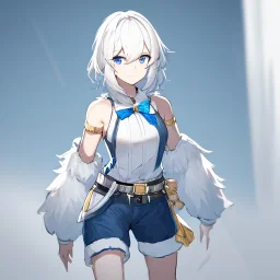 Clear focus, High resolution, rough line sketch art, short fluffy white hair, hair between eyes, fluffy hair, blue eyes, wearing a sleeveless shirt, wearing shorts, detailed outfit, lots of details, bow on belt, white belt, white and blue everywhere on outfit, cut sleeve, yellow chains around outfit