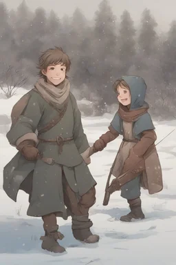 DnD style, two medieval peasant kids playing in the snow, female age 14 and male age 15, happy and playful, he has a short sword. Coats and pants