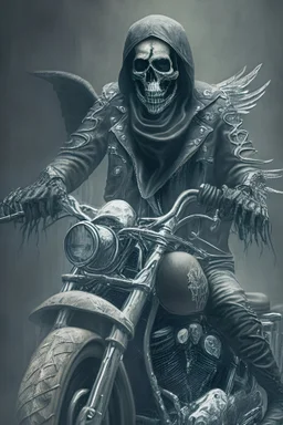 A menacing figure of death, a skeletal figure cloaked in a classic biker's attire, rides a vintage motorcycle as it is part of a motorcycle club as hells angels. Photorealistic digital art.