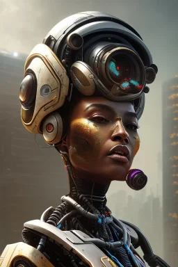 portrait,beautiful african robot, post-apocalyptic in a cyberpunk city, realistic, intriacte detail, sci-fi fantasy style, volumetric lighting, particales,highly detailed,cinamatic, deep colours,8k