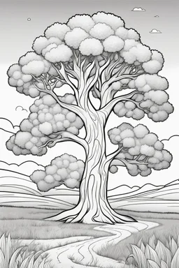 coloring page, tree in a meadow, cartoon style, thick lines, low detail, no shading