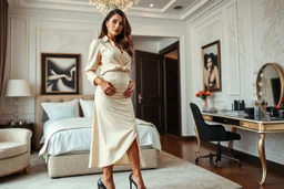 very beautiful sexy lady with beautful dark cream midi skirt and blouse standing in a luxury bedroom with high heels next to makeup desk looking to camera