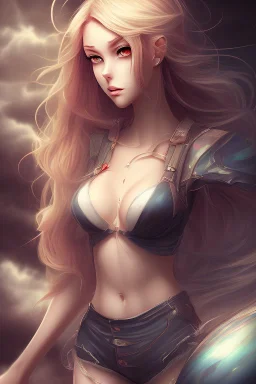 Stunning anime beauty with striking looks in a stormy background