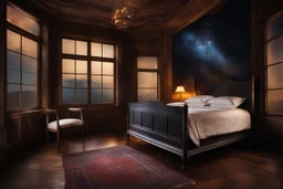 strange evening in vintage bedroom, deep dark colors, old wood floor, old antique bed, translucent walls, sharp contours, old balkony, ceiling the galaxy with stars, nightly lights, etheral, mystic, stunning, cinematic