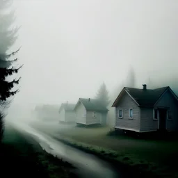 a eerie dreamy photo of several identical houses lined up with fog in the background liminal space