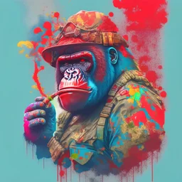 a detailed illustration of gorilla with a soldier's helmet, goggles, a smoking cigar in his mouth and a red bandana around his neck in cowboy style and splatters with hyper-realistic colors to use as a design on a t-shirt, full of vibrant colors, 4k, 3D vector art, fantasy art, watercolor effect, isometric style