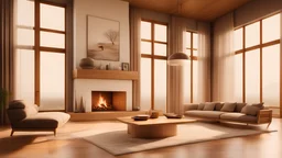 fire place in the middle of the room, high ceiling, warm natural wood palette, rainy weather, interior design magazine, cozy atmosphere; 8k, intricate detail, photorealistic, realistic light, wide angle, kinkfolk photography, A+D architecture --ar 2:3 --s 750