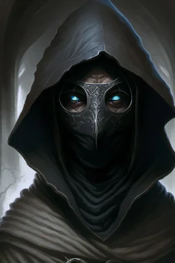 dungeons and dragons man wearing black robes and hood wearing a porcelain mask with eyeholes