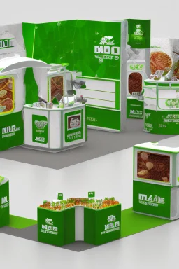 Corner green exhibition stand of a food company with product displays and a meeting area