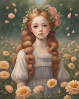 a painting of Anne Shirley with flowers in her hair, portrait of girl in flower field, realistic cute girl painting, girl standing in flower field, realistic anime style at pixiv, by Margaret Keane, portrait of lolita, girl standing in a flower field, girl in a flower field, inspired by nicoletta ceccoli, by nicoletta ceccoli