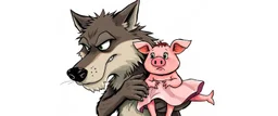 wolf carrying a lovely scared pig girl with dress under his arms , stupid cartoon, airbrush and pen outline