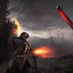 Sword soldier. Medieval doom scenary. Heavy rain. Epic Lighting in the sky. Falling object from the sky. Meteorite burning in the distance.