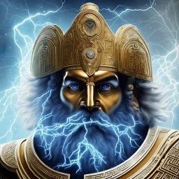 symetrical, centered, ultra detailed, digital art, in center is a portrait of highly detailed angry greek colossus god zeus surrounded by quantum galaxy codes seeking knowledge, detailed face with human skin color, eyes filled with galaxy, dominating colors = gray light blue and dark gold, lightning, smoke,