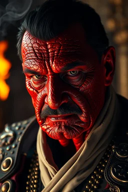 President Hosni Mubarak, red skin, scales, unreal engine 6, high detail, intricate, cinematic. photoshoot style, intricate, studio lighting, masterpiece , highly detailed, 8k, best quality, fire, smoke, dramatic,d,<lora:mshn:0.7>,<lyco:Warrior_Couture:0.5>,