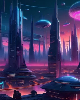 A futuristic cityscape on a distant exoplanet, towering skyscrapers with neon lights, flying vehicles in the sky, a sense of wonder and exploration, digital art with a cyberpunk aesthetic, --ar 16:9 --v 5