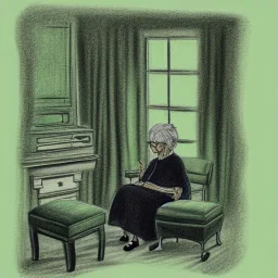 Old woman in a living room with armchair and fancy stools. green color pencil draft