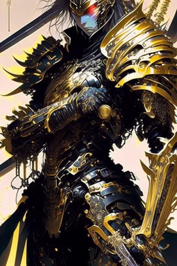 a person with a sword in their hand, very beautiful cyberpunk samurai, shirow masamune, black and golden armor, anime fantasy artwork, bio - mechanical ninja samurai, cyberpunk samurai, masamune, intricate assasin mecha armor, demon samurai warrior, light gold armor, ghostblade, lacquered armor, black and gold armor, demon samurai