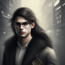 Male, Human, dark long hair, Black Eyes, Young, Photorealism, Full Body Shot, City Background, sharp focus, dark, black, steampunk