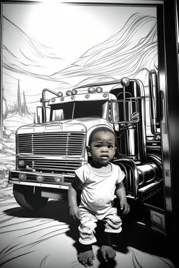 Outline art, no shading, fire turck on the road, cartoon style, black and white, low detail, --ar 9:11