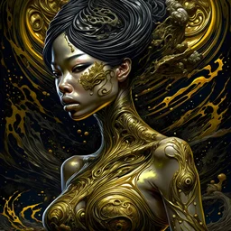 beautiful woman, Black ink flow, 8k resolution, photorealistic masterpiece by Aaron Horkey and Jeremy Mann, intricately detailed fluid gouache painting by Jean Baptiste, professional photography, natural lighting, volumetric lighting, maximalist, 8k resolution, concept art, intricately detailed, complex, elegant, expansive, fantastical, cover, golden and chrome tones