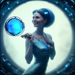 a happy woman holding a blue crystal up to the sky, steam punk, realistic, made in octane, cinematic, ultra-realistic, extremely detailed octane rendering, 8K, VRAY Super Real ar 2:3, dof photorealistic futuristic 50mm lens hard lighting dark gray tintype photograph, realistic lighting