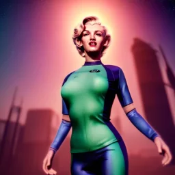 Realistic image, retro sci-fi, portrait, waist up view, blonde woman, sweet Marylin Monroe face, perfect iris, glow eyes. tight lycra tights suit. Futuristic city. epic style, vibrant color, highly detailed, unreal engine 5, ray tracing, RTX, lumen lighting, ultra detail, volumetric lighting, 3d, finely drawn, high definition, high resolution.