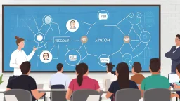 An image that conveys achieving success and skill development. The image depicts a group of individuals gathered in an inspiring teamwork session. They appear engaged in discussion and constructive exchange of ideas. In the background, a screen displays a chart or a conceptual map indicating various goals and pathways. Everyone appears enthusiastic and dedicated to collaborative work and continuous learning. The image reflects collaboration and a focus on achieving success through skill develop