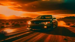 Create a cinematic wide-angle shot featuring the front view of a black and rusty 1998 Honda Civic racing through a post-apocalyptic desert road during a desert storm. Embrace a post-apocalyptic photography style to evoke a realistic yet dramatic and dark atmosphere, emphasizing the importance of achieving a cinematic look. Depict the resilient Honda Civic in this transformed world, navigating the harsh desert conditions and swirling sandstorm with speed and intensity.