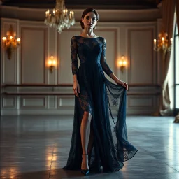 Full-body fashion editorial photograph of an elegant and beautiful woman. She is wearing a sophisticated, delicate dark cyan lace evening gown with modest coverage and matching high heels. Captured in a high-end luxury ballet stage setting with soft, dramatic studio lighting that highlights the texture of the lace. Graceful posture, professional model pose, realistic skin textures, cinematic atmosphere, haute couture style in a luxury stage.