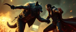werewolf vs vampire cyberpunk action scene, acrobatic dodge, cape harlekin