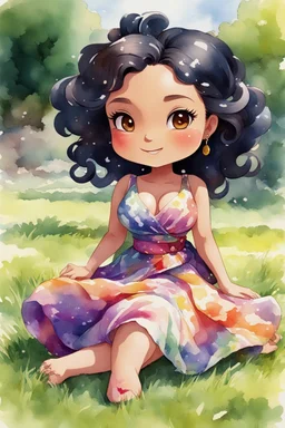An watercolor image of a chibi black cartoon of a curvaceous woman with flowing black hair twisted up, wearing a colorful maxi dress. She sits relaxed on the grass facing the warm sunlight, which illuminates her face as she looks to the side with a small smile, accentuating her prominent makeup and brown eyes.