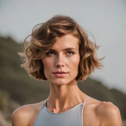 beautiful anorexic woman, standing frontal, short silver triathlon swimsuit, wavy bob haircut, photographed in front of beach, raw