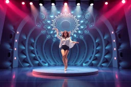 modern stage with a pretty lady in modern clothing dancing, 3D recursive fractal structure animating background