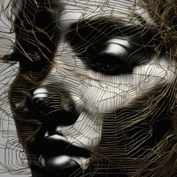 Woman face made of golden metal wires