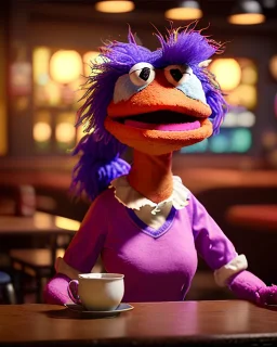 Pub scene, hybrid character, waitress woman with monster muppet mask that covers her entire head, retro style, Sesame Street style, smooth, unreal engine 5, god lights, ray tracing, RTX, lumen lighting, ultra detail, volumetric lighting, 3d.