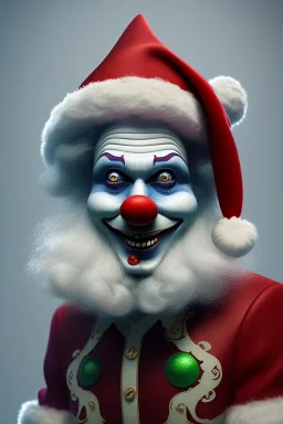 Clown from IT dressed in a santa cotume ,high detail, volumetric lighting, tiny features, intricate detail,volumetric clouds