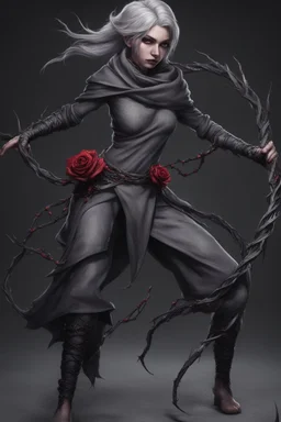 female gray skin, Shadar-Kai wielding a Whip made out of black thorns, clothes with a dark rose theme